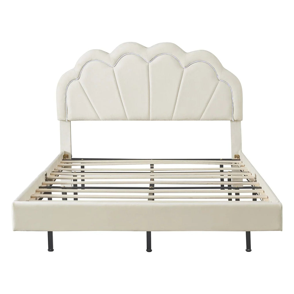 Support Slats Bed Wooden LED Smart with Size Full Platform Beige