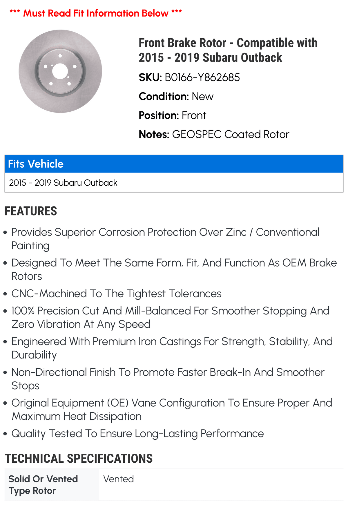 2018 - 2016 2015 Rotor Outback with 2019 Subaru Front Compatible 2017 Brake -