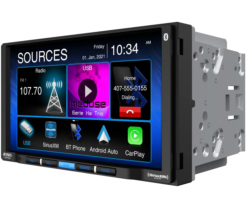 CAR710W SiriusXM-Ready Auto Wireless with l Wired Wireless Jensen and | l Multimedia CarPlay Mechless Bluetooth l Wired Receiver 7” Android Input Charging USB and with Built-in