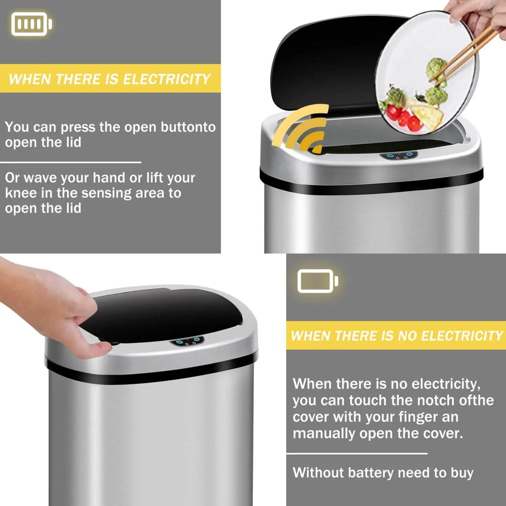 Gallon Mute with Automatic Can Touch-Free for Garbage Designed Waste NiamVelo with Kitchen Motion Stainless Anti-Fingerprint Silver Sensor, Can Home, Lid, & Bin Office Steel Trash 13