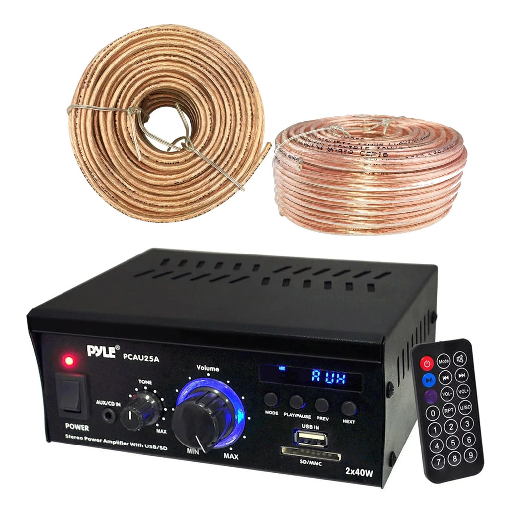 Display, 18 Readers Feet Cable USB/SD & Speaker AWG 100 Enrock Receiver LED Audio AUX PCAU25A Wire CD Gauge Amplifier Inputs Pyle with