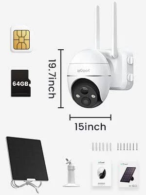 WiFi Wireless, Powered, Camera, Included Card 3G/4G Cellular QHD, SD Solar No PTZ, Night LTE 2K Color Vision, Surveillance 360° SIM&64GB Camera Outdoor, Security