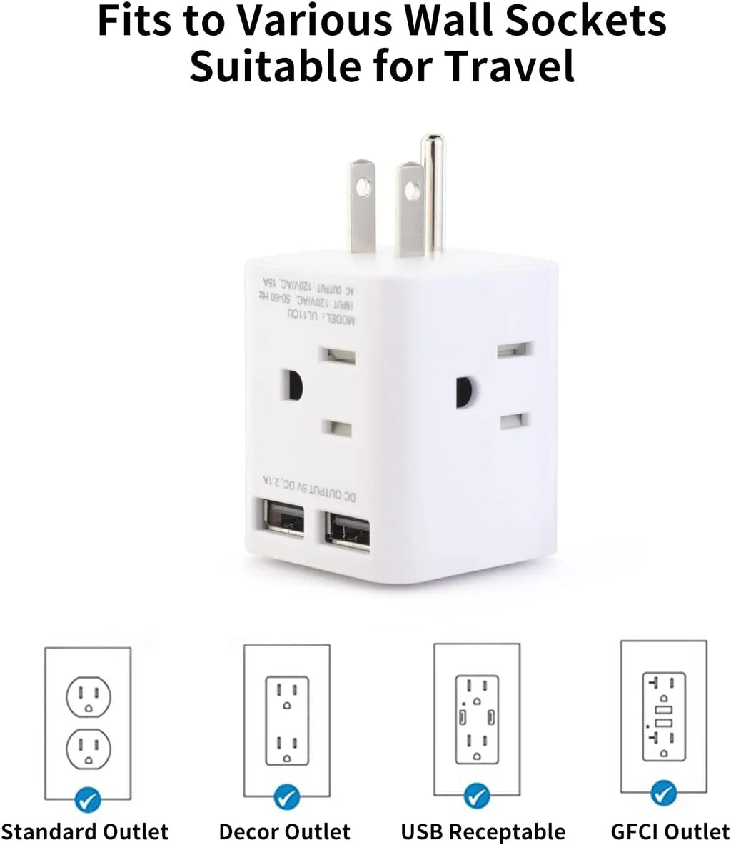 Travel,White Wall Charger Plug USB Right with Home and Extender Multi Spaced AC Office Cruise 3 Angle Plug Adapter 4 Splitter Sockets, Ship Cube Adapter 2 Wonplug USA Wide Prong for Outlet