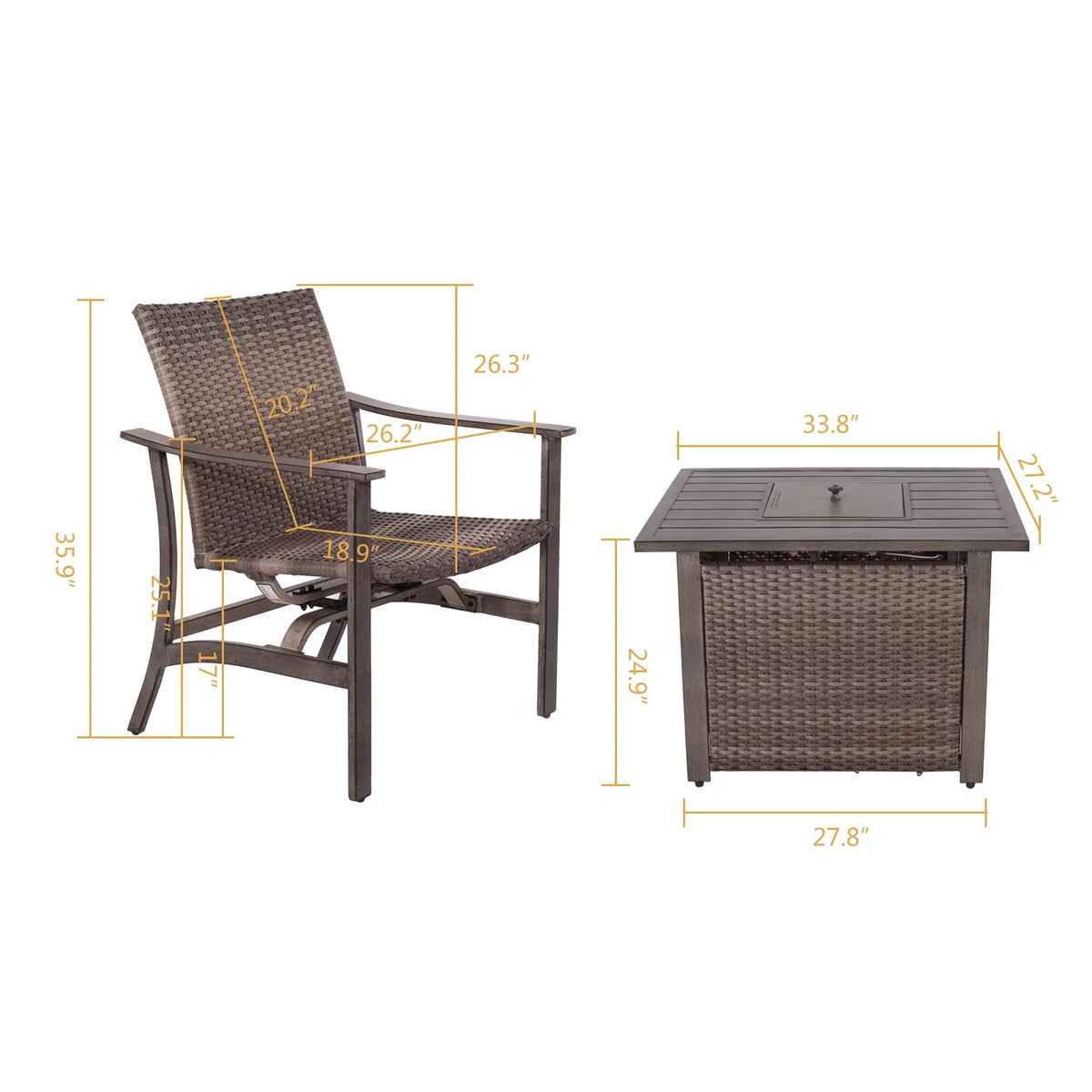 Table, Gas with Set Garden 15000 Pit Deck Patio Chairs 5 Yard Fire Rocking Outdoor Furniture Set Propane Wicker for All-Weather Piece 4 Motion Table, BTU Conversation Firepit 33.8"x27.2" &