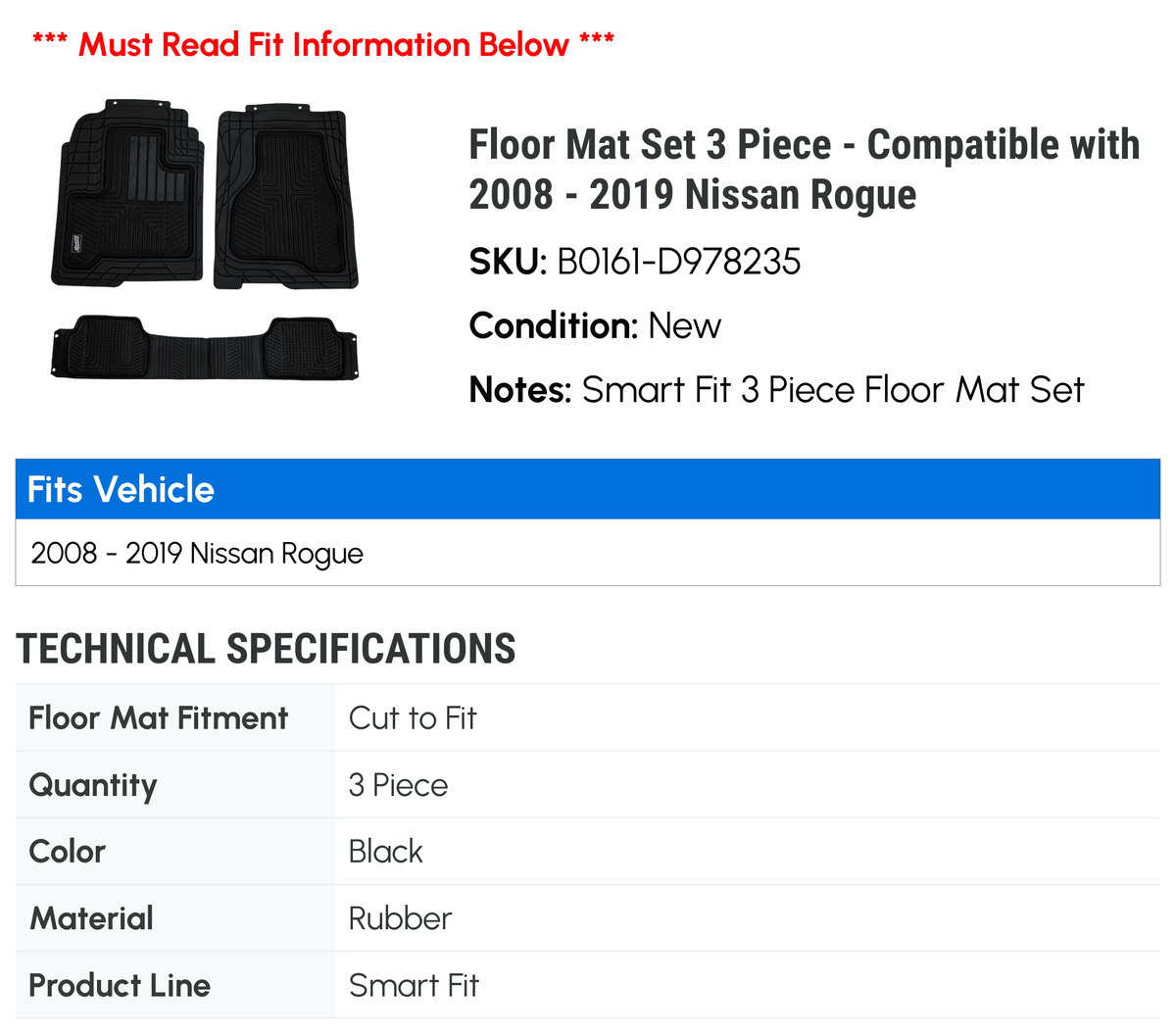Compatible 2008 2012 Mat 2016 2015 with 2019 2011 2014 2010 Piece 3 2013 - Floor 2017 Set 2009 Nissan 2018 - Rogue