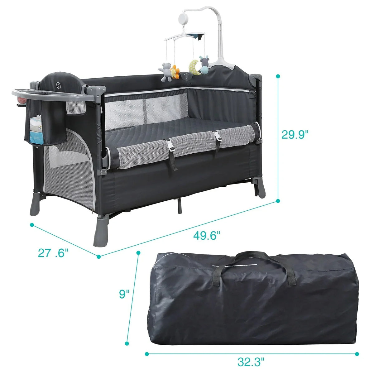 49.6"L Convertible Portable Playpen x - Side Crib 27.6"W Bed Playard, BENTON 29.9"H x Kerrogee TECHNOLOGY Infant Bassinet 5-In-1