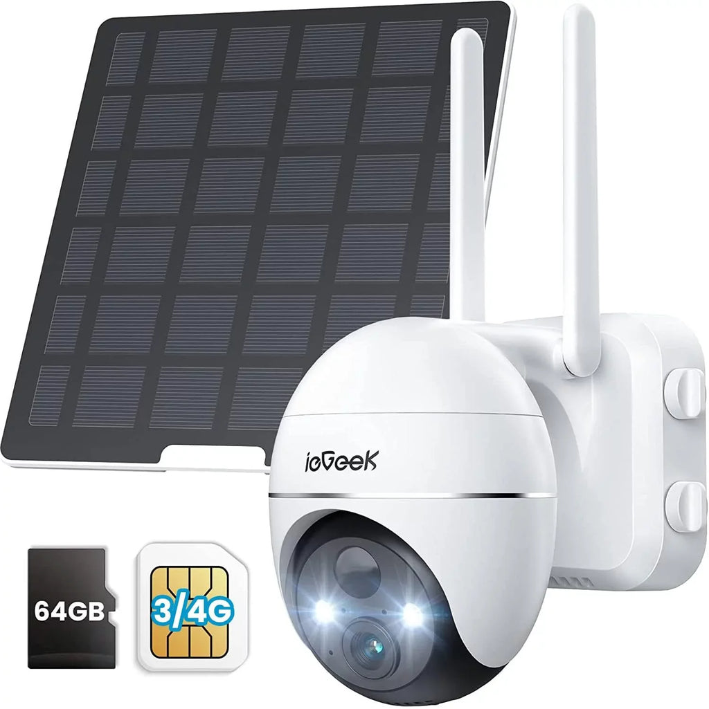 WiFi Wireless, Powered, Camera, Included Card 3G/4G Cellular QHD, SD Solar No PTZ, Night LTE 2K Color Vision, Surveillance 360° SIM&64GB Camera Outdoor, Security