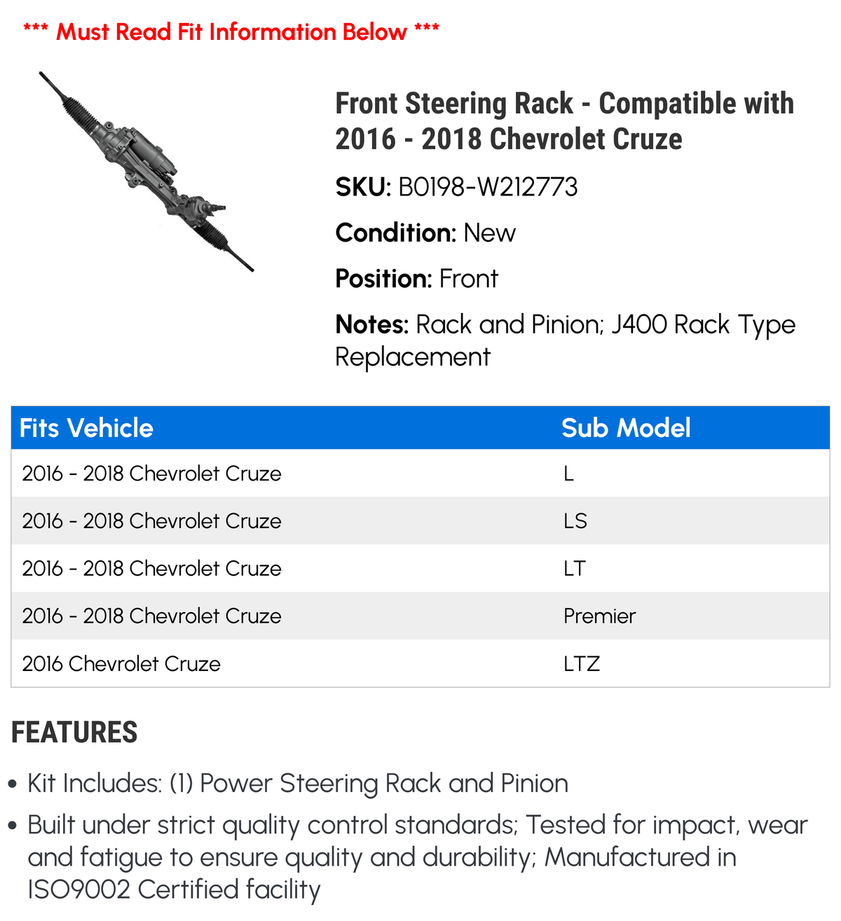 Rack Cruze 2018 Front Steering - Compatible with Chevy 2016 2017 -