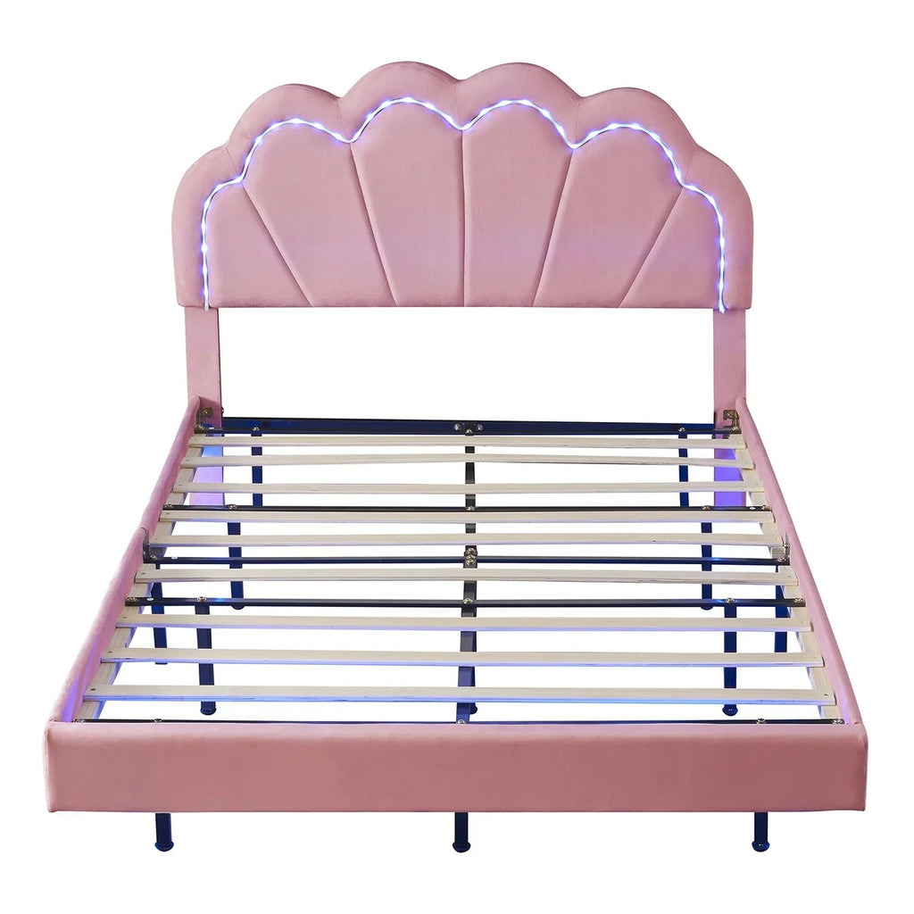 Support Slats Bed Wooden LED Smart with Size Full Platform Beige