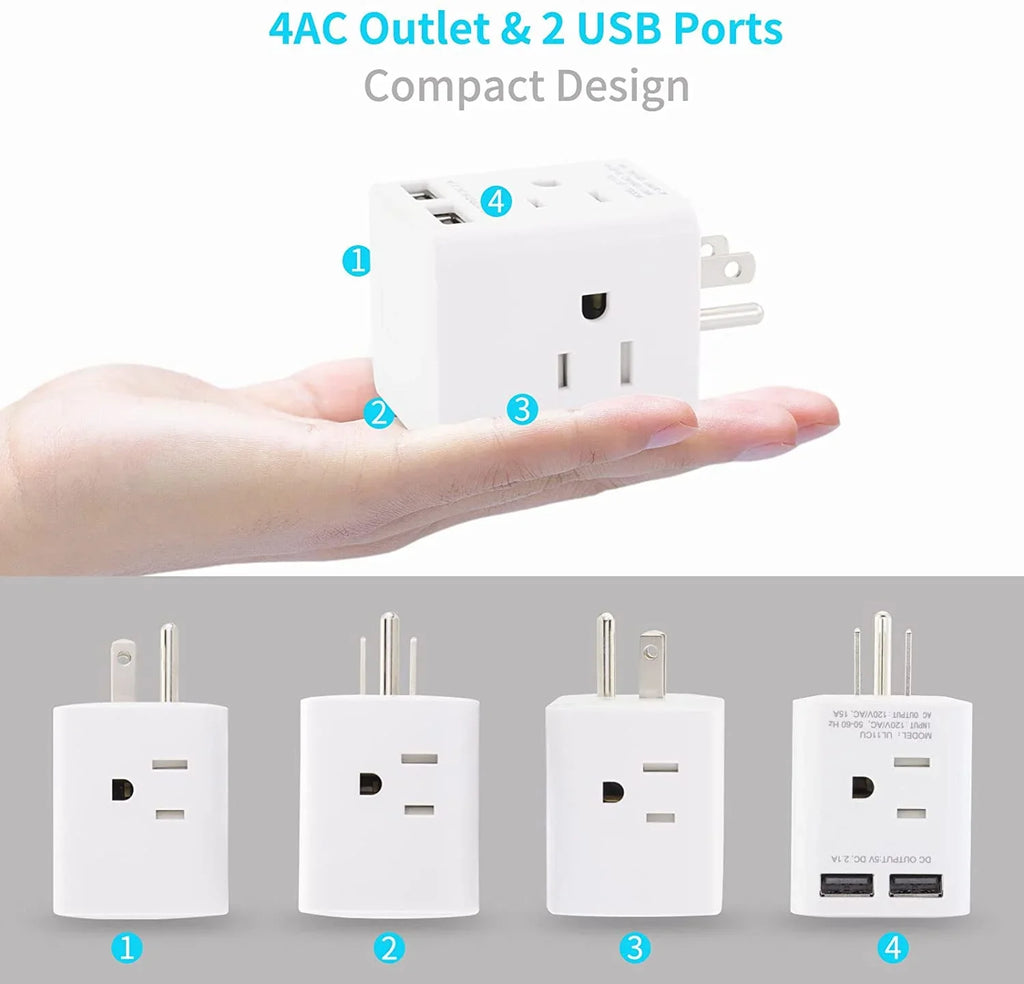 Travel,White Wall Charger Plug USB Right with Home and Extender Multi Spaced AC Office Cruise 3 Angle Plug Adapter 4 Splitter Sockets, Ship Cube Adapter 2 Wonplug USA Wide Prong for Outlet