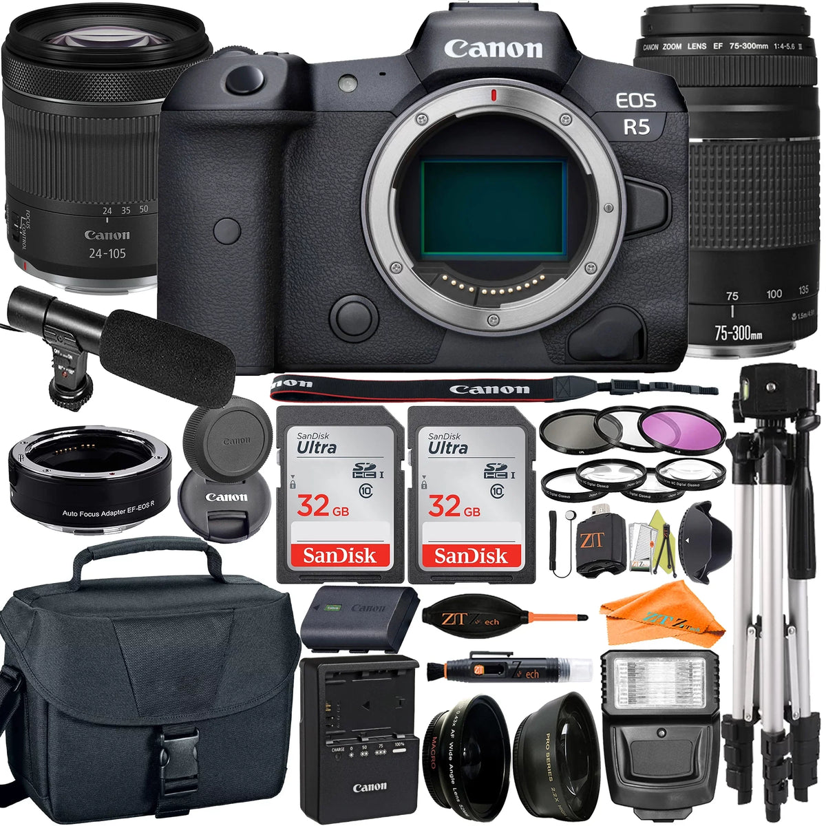 Pack Mount R5 SanDisk 2 75-300mm with ZeeTech 32GB + + RF24-105mm Adapter Mirrorless Accessory Camera + EOS + Lens Canon