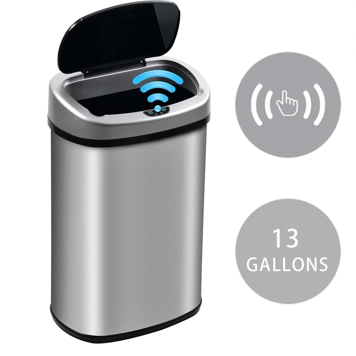 Gallon Mute with Automatic Can Touch-Free for Garbage Designed Waste NiamVelo with Kitchen Motion Stainless Anti-Fingerprint Silver Sensor, Can Home, Lid, & Bin Office Steel Trash 13