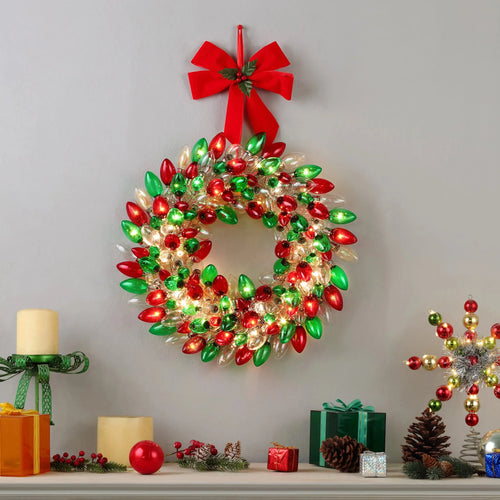 & 17" C9 Wreath, Mr. Red Retro Bulb Green Christmas