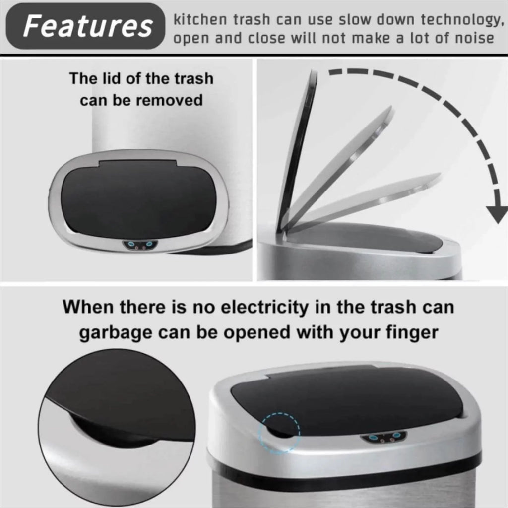 Gallon Mute with Automatic Can Touch-Free for Garbage Designed Waste NiamVelo with Kitchen Motion Stainless Anti-Fingerprint Silver Sensor, Can Home, Lid, & Bin Office Steel Trash 13