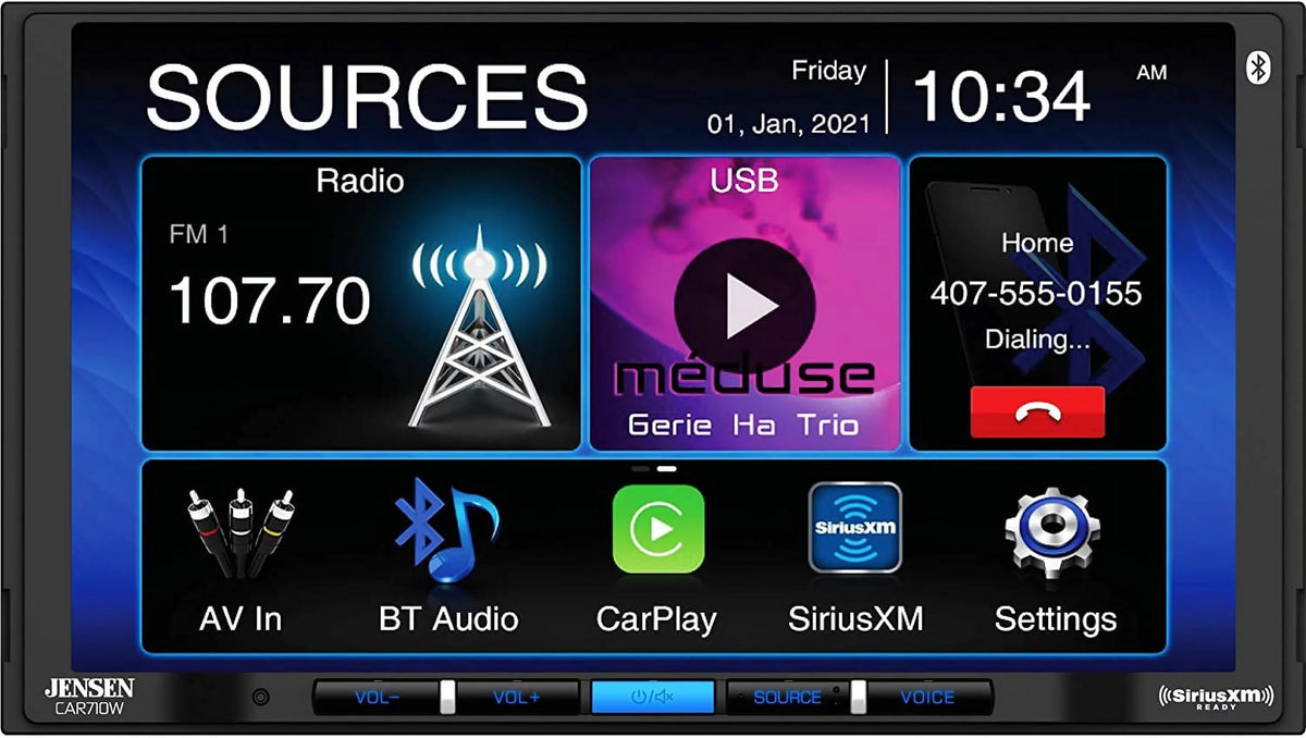 CAR710W SiriusXM-Ready Auto Wireless with l Wired Wireless Jensen and | l Multimedia CarPlay Mechless Bluetooth l Wired Receiver 7” Android Input Charging USB and with Built-in