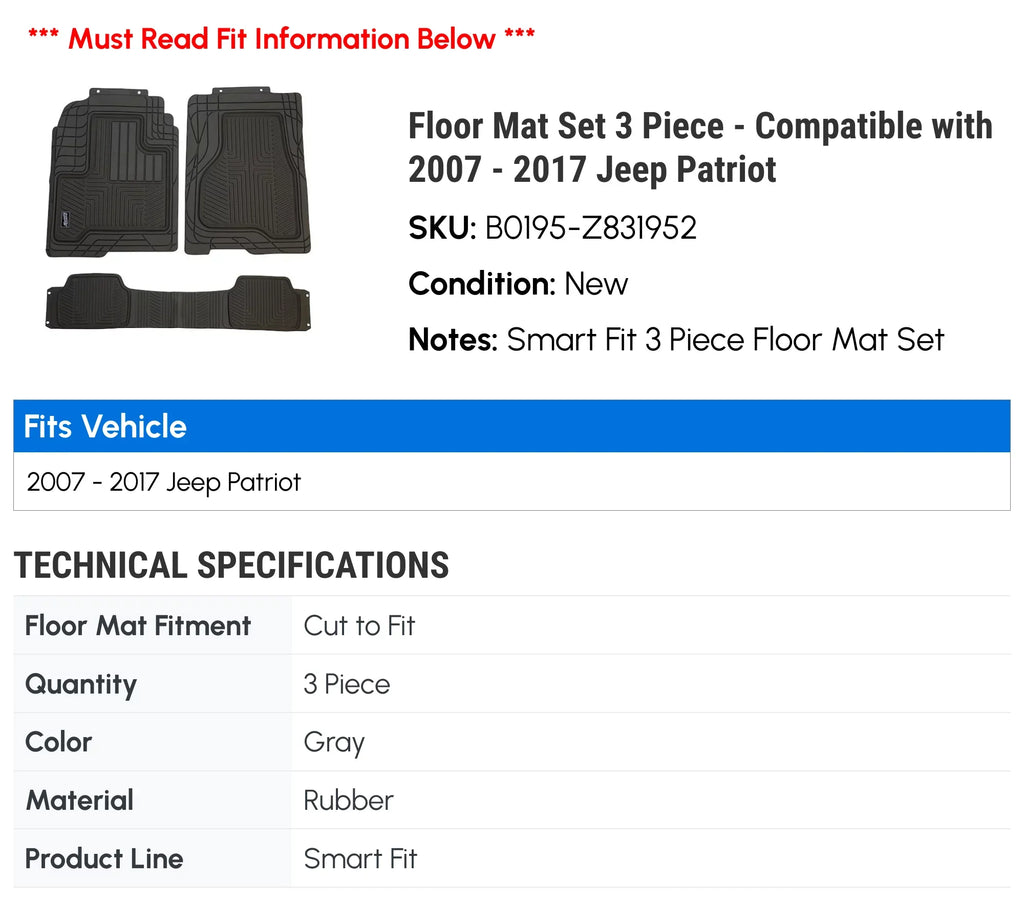 2016 2007 2015 Floor 3 - 2014 2017 Mat - Compatible 2011 2008 Jeep Set 2012 2009 Patriot 2013 Piece 2010 with