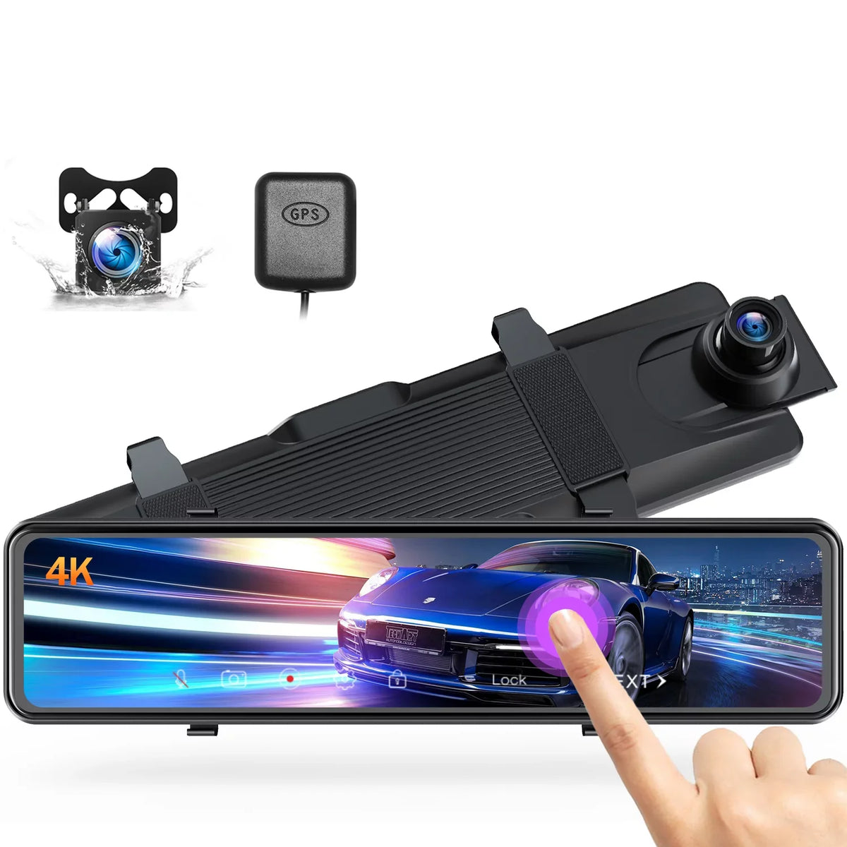 TOGUARD Mirror GPS 12" Monitoring, Rear Dash Touch Parking Cam, Camera, View Assist, Screen Rear Front 4K+1080P and Parking