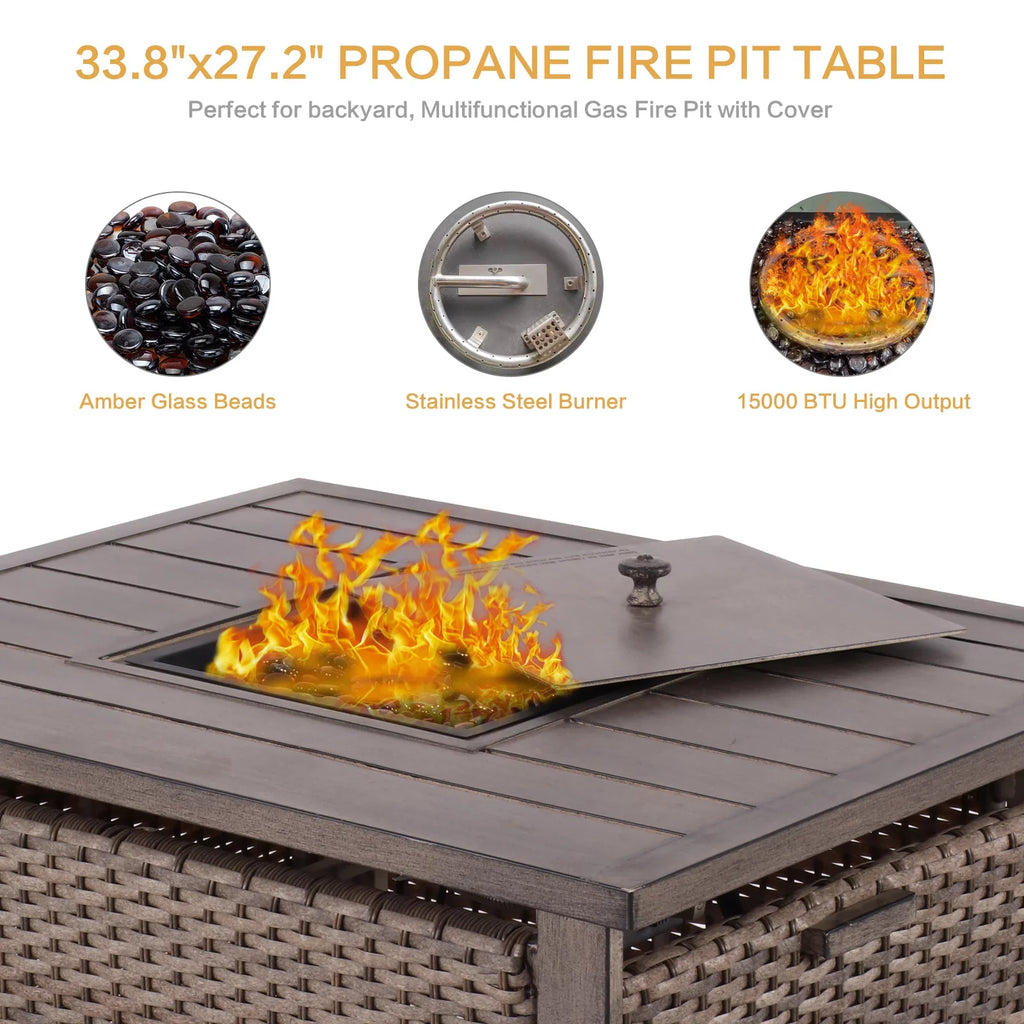 Table, Gas with Set Garden 15000 Pit Deck Patio Chairs 5 Yard Fire Rocking Outdoor Furniture Set Propane Wicker for All-Weather Piece 4 Motion Table, BTU Conversation Firepit 33.8"x27.2" &